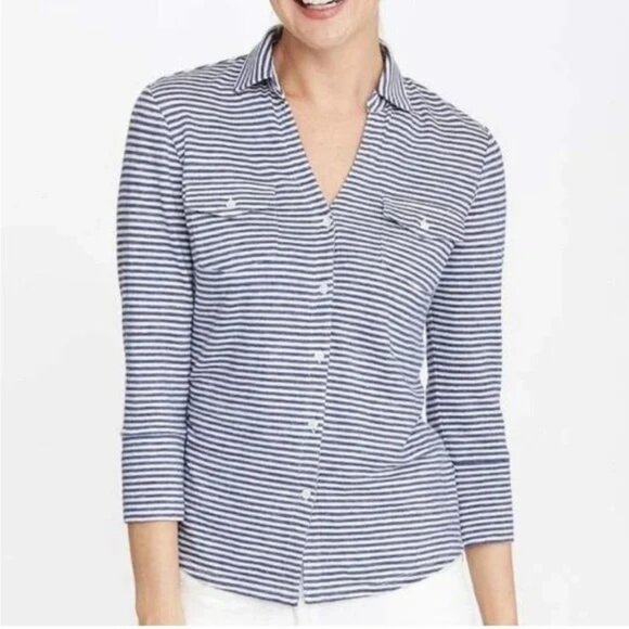 J. McLaughlin Brynn Striped Linen Shirt Size S White Denim Button Up 3/4 Sleeve - Picture 1 of 8